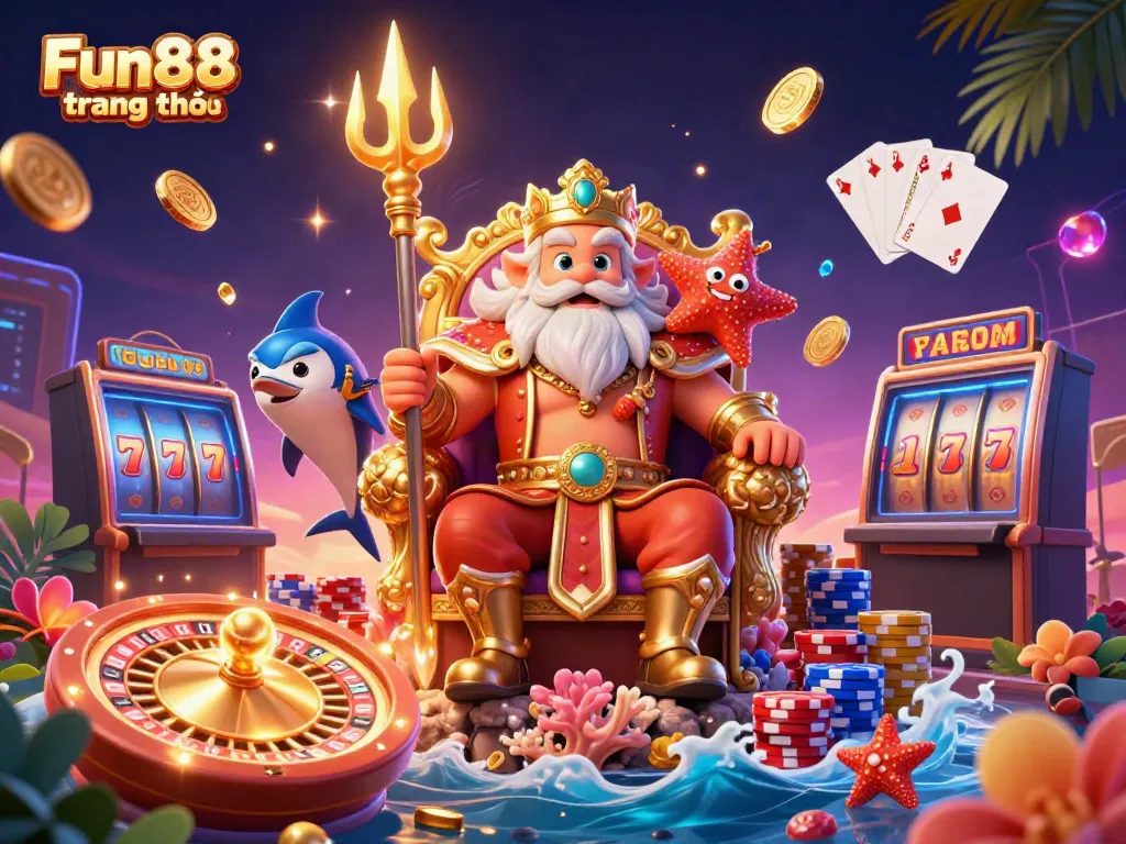 Experience Fun88 trang chủ with Neptune and treasures in this vibrant 3D casino scene.
