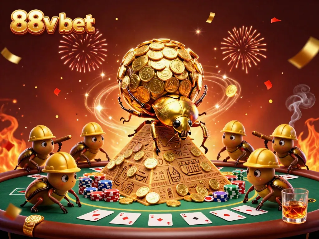 Experience gaming excitement with 88v bet as a golden beetle rolls coins amidst vibrant casino elements.