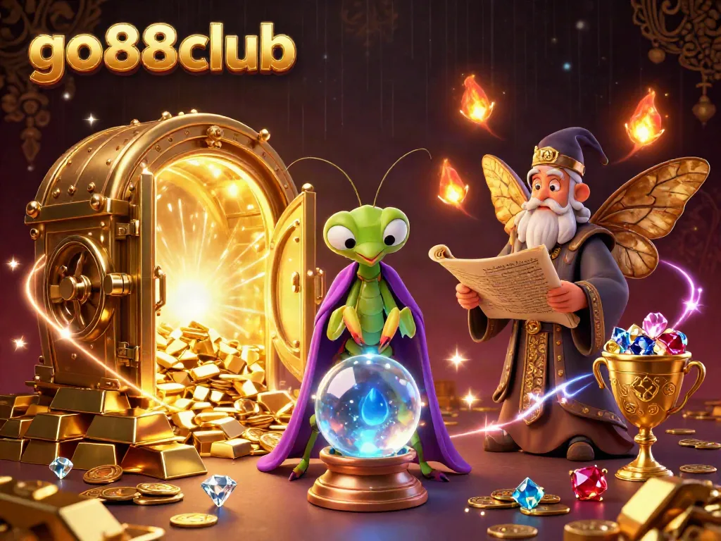 Engage with go88club through a mystical 3D cartoon scene featuring characters surrounded by treasures and magical elements.