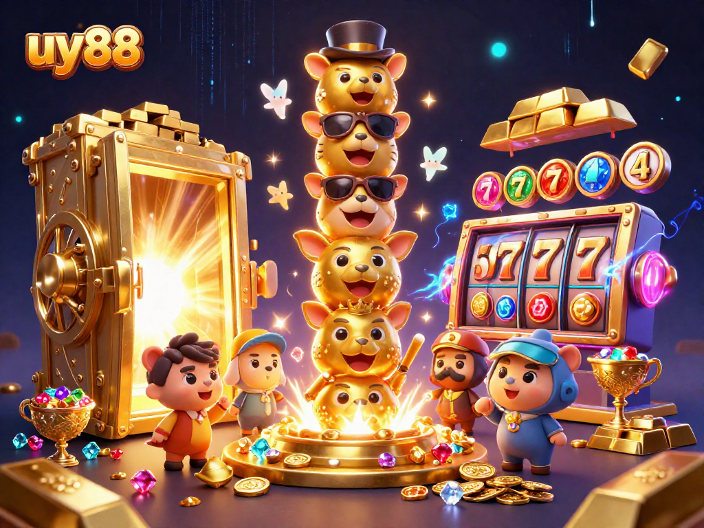 Experience the excitement of uy88 with a vibrant casino scene featuring dynamic golden treasures and animated characters.