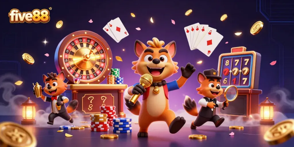 Engage at the five88 comedy casino club with vibrant characters and dynamic casino elements.