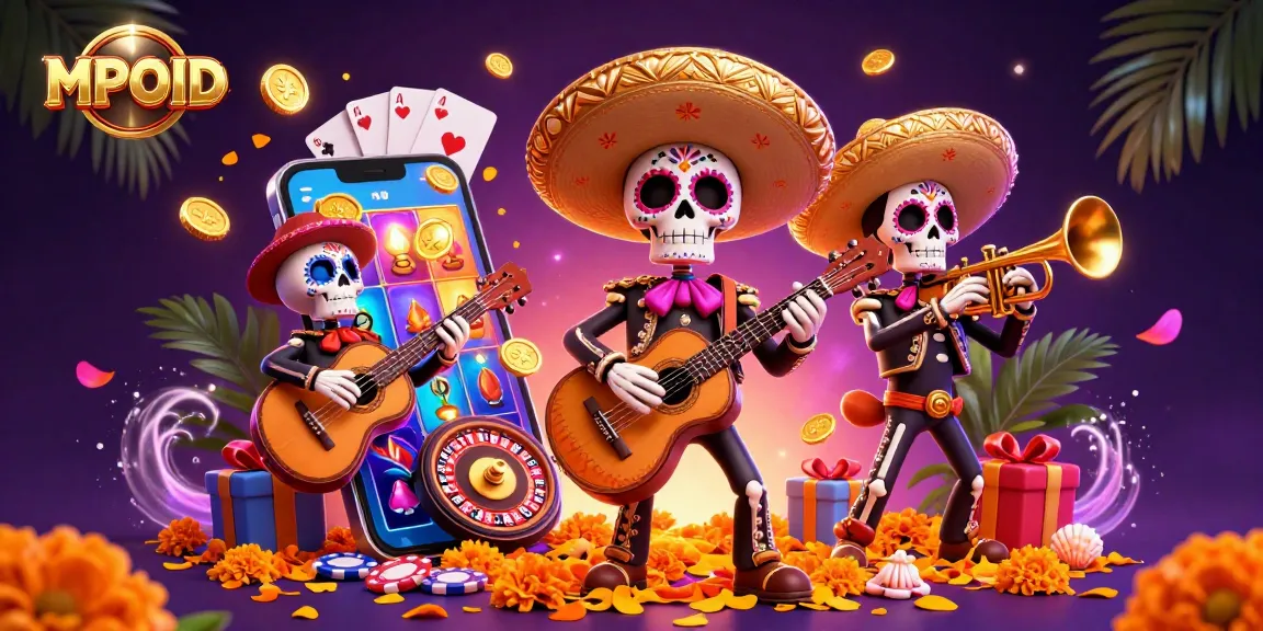 MPOID showcases a lively casino scene with a mariachi band among floating slot game elements.