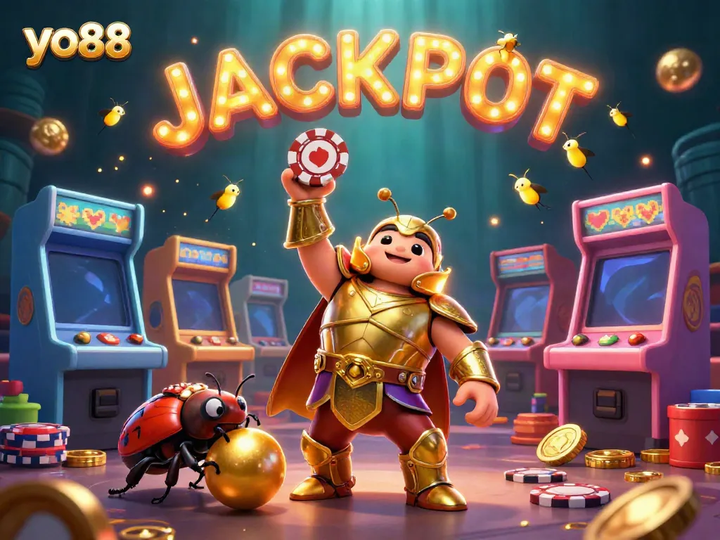yo88 jackpot celebration with a golden beetle in armor, showcasing casino gaming excitement