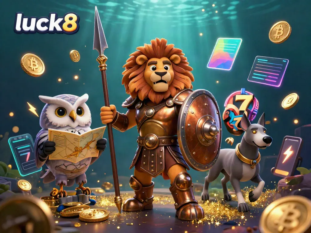 Experience thrilling jackpots at luck8 with vibrant visuals of a lion, owl, and greyhound in a dynamic casino setting.