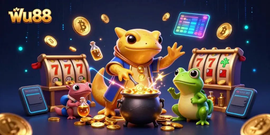 Engage in winning strategies with ฟัน88, featuring a magical scene of gold transmutation within a lively casino environment
