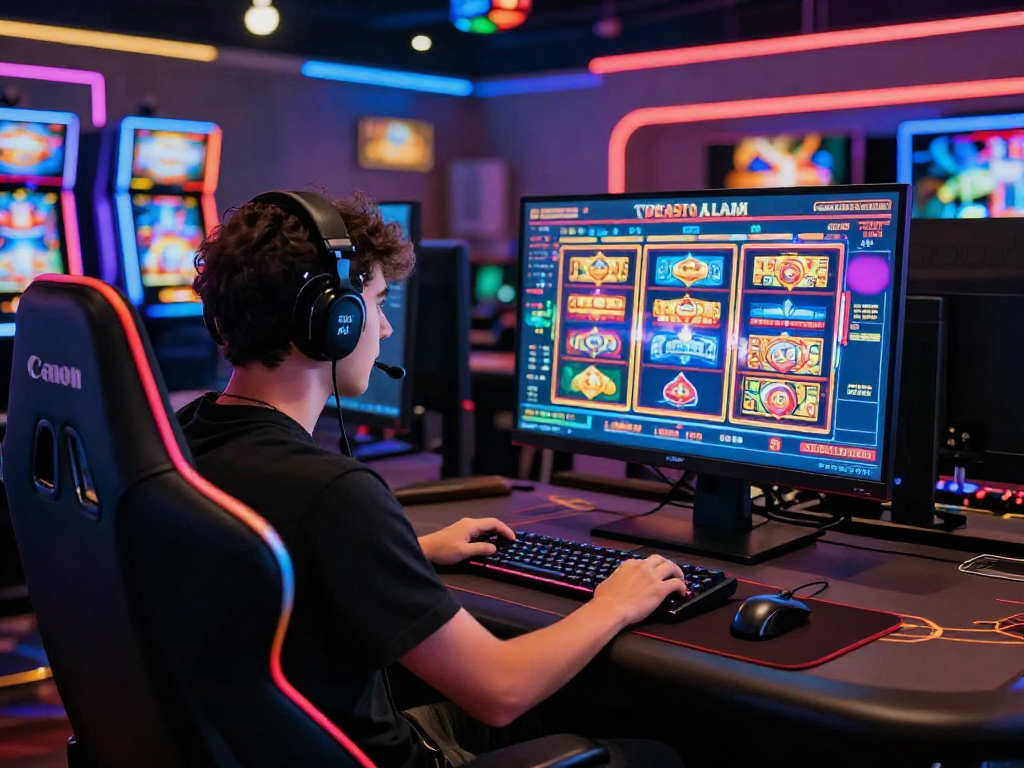 Giocatore immerso in un casinò virtuale, evidenziando i casinò italiani non AAMS in un ambiente emozionante.