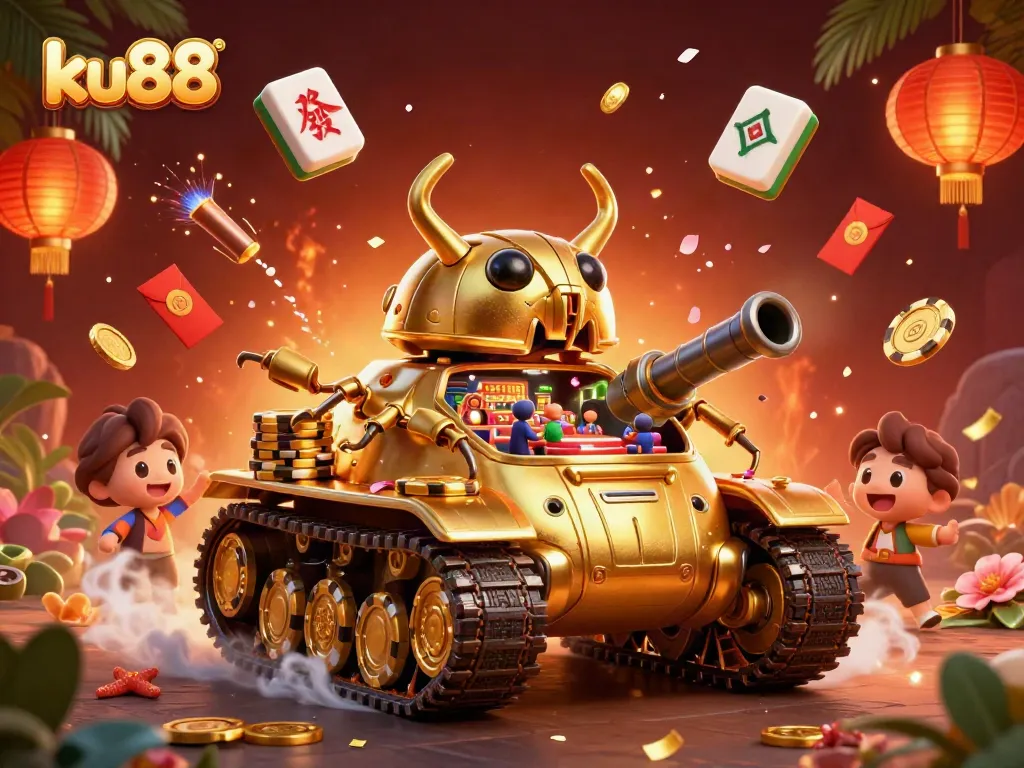 ku88 showcases a vibrant 3D casino scene with golden beetle tank and festive gaming elements.