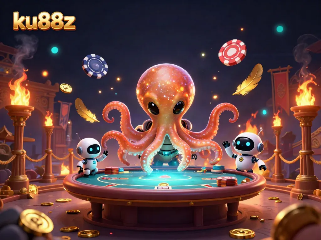 Engage with ku88z by joining a cosmic poker scene featuring an alien octopus and vibrant game elements.