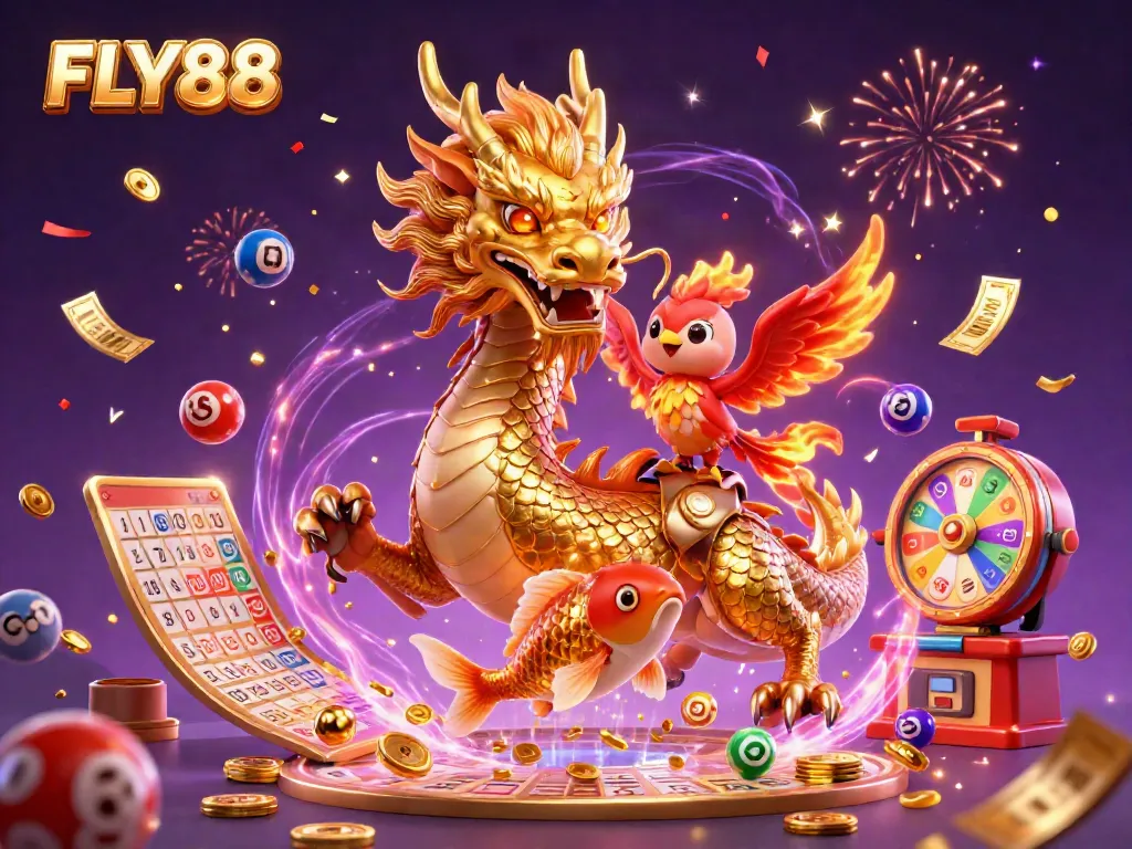 Win exciting jackpots at FLY88, featuring a golden dragon, phoenix, and koi fish amidst vibrant lottery elements.