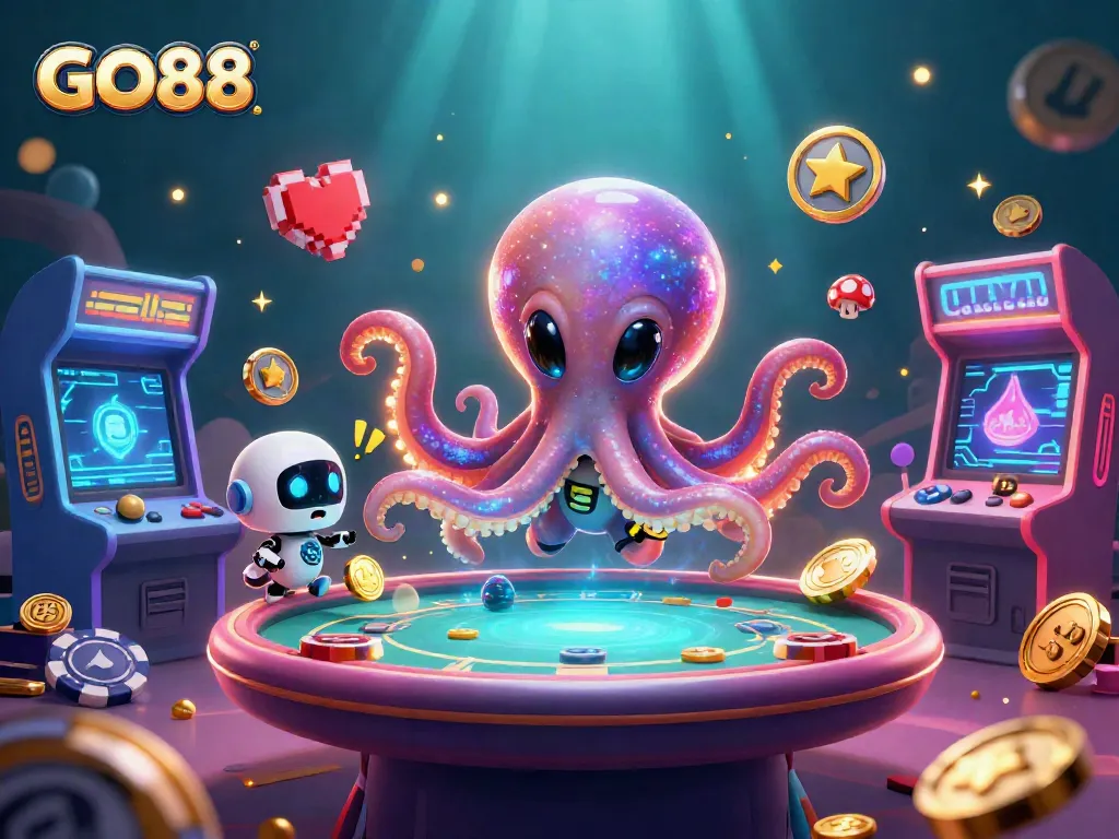 GO88 alien octopus operates a poker table with a robot, set in a vibrant gaming universe.