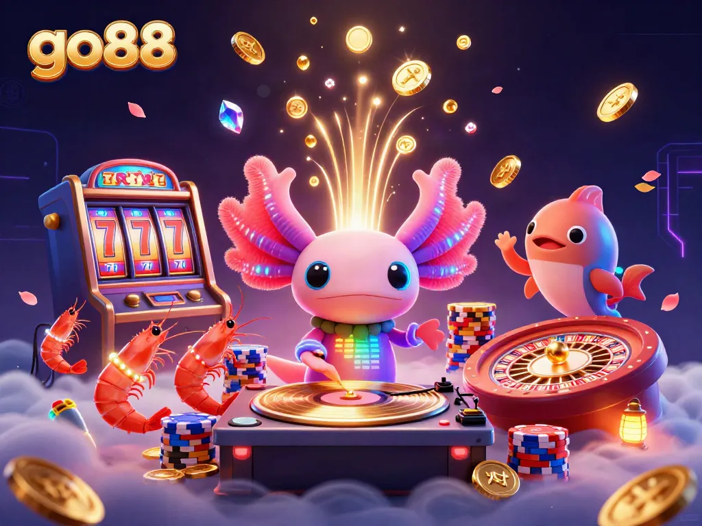 Spin to win at go88 with vibrant slot machines, glow stick shrimp dancers, and a DJ axolotl for maximum excitement.