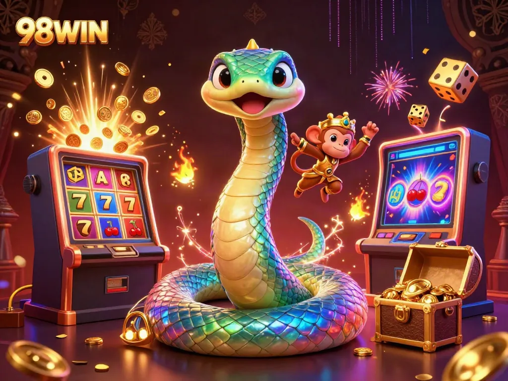 Experience the vibrant energy of 98WIN with a dynamic casino scene featuring playful characters and exciting game elements.