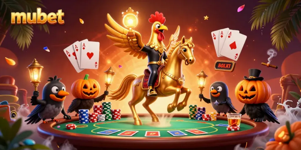 Experience the thrill of mubet in a vibrant casino scene with a golden rooster and ghostly companions.