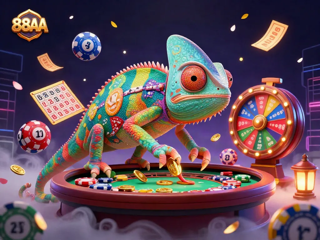 Experience thrilling gameplay with 88AA's vibrant casino scene featuring a chameleon owner and interactive game elements.