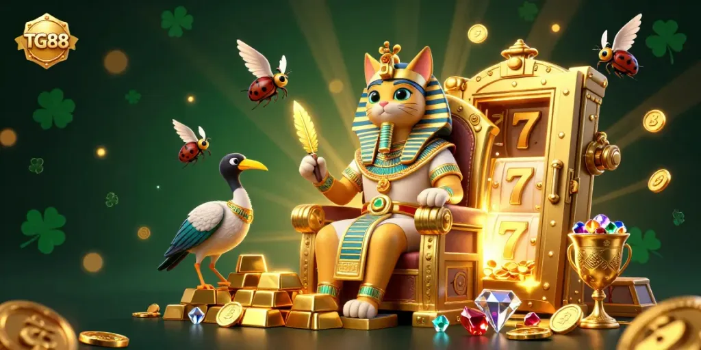 Engage in the excitement with TG88 at this vibrant casino scene featuring a rich gold atmosphere and cartoon characters.