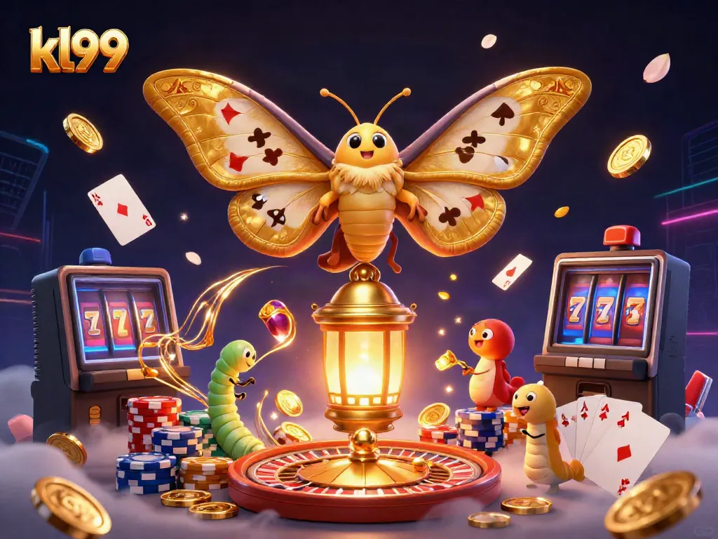 Engage with kl99's vibrant casino atmosphere featuring golden moths and spinning roulette wheels.