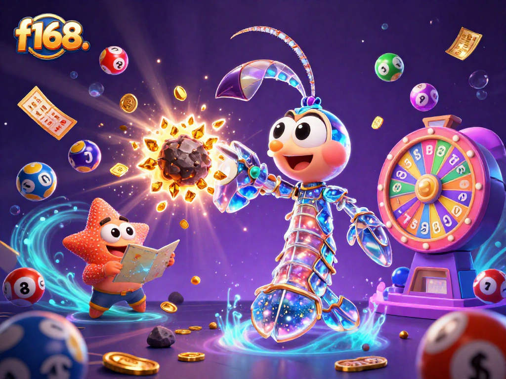 Experience excitement with f168. as the galactic samurai mantis shrimp bursts through golden coins in a vibrant casino scene.